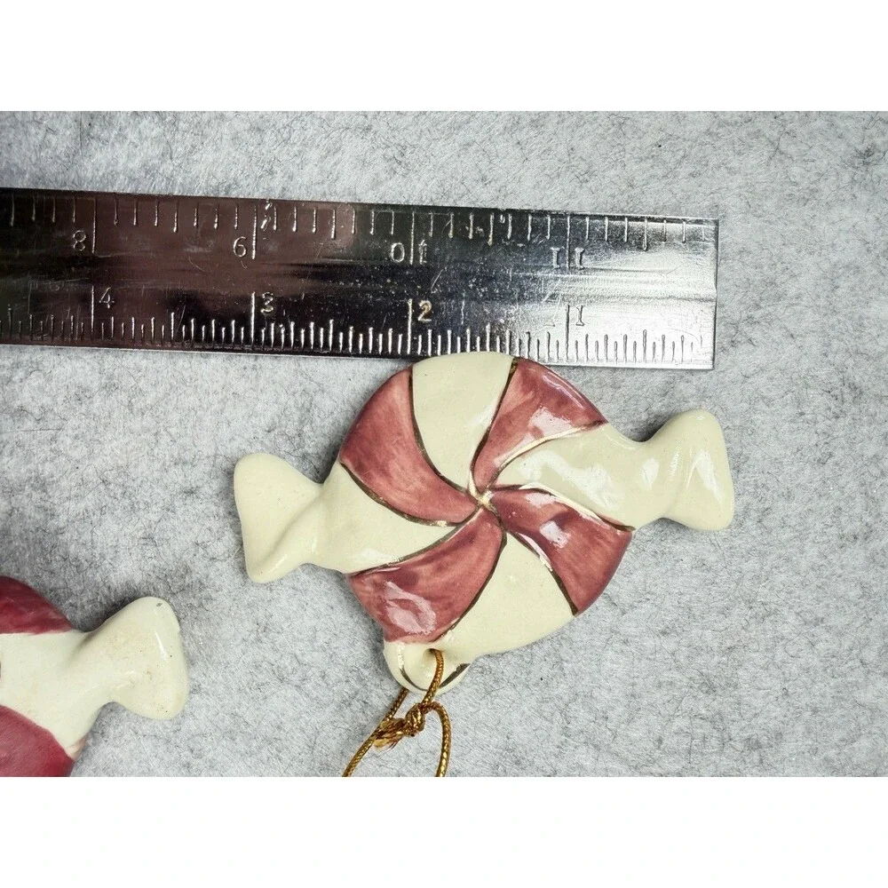 Vintage Ceramic Christmas Ornaments Set 4 Peppermint Candy Hearts Hand Painted